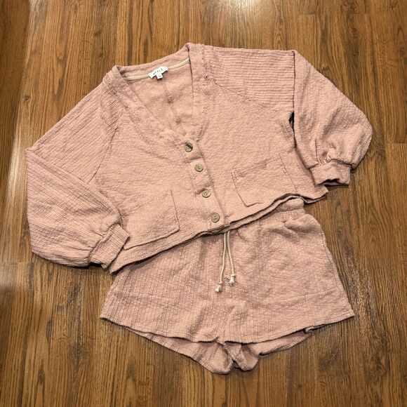 Mable Cardigan Set Haley Crop Womens Large Rose Shorts Pockets Lounge Casual - Picture 2 of 14